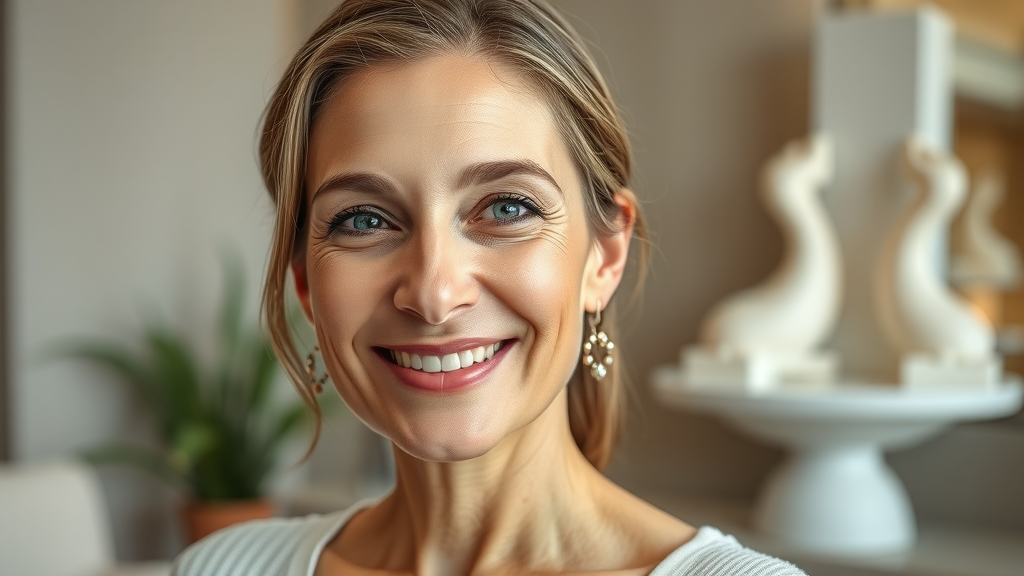 Confident woman showcases natural beauty after NatraFace™ techniques transformation.