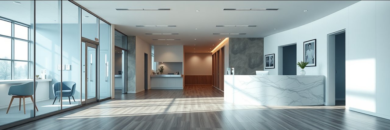 Modern plastic surgery NYC office entrance with glass doors and marble desk