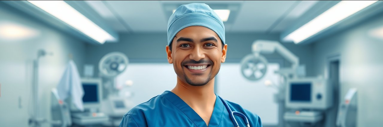 Smiling doctor in clinic explains mommy makeover benefits in bright setting