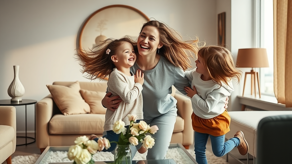 Empowered mother with kids showing post-mommy makeover benefits at home