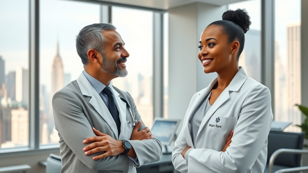 Manhattan plastic surgeon consulting patient in upscale New York clinic