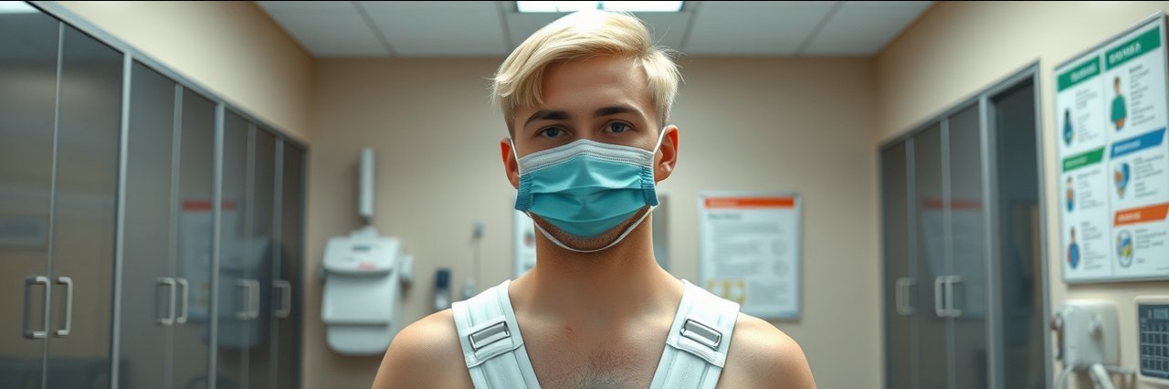 Confident non-binary person after top surgery in a modern clinic, rainbow mask.