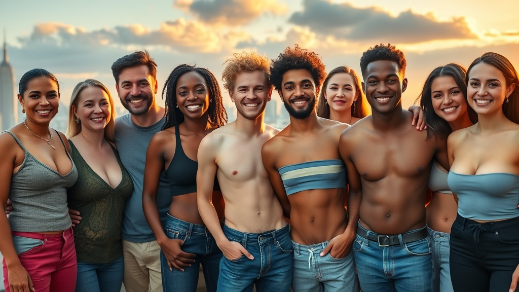 Diverse non-binary group celebrating post top surgery on NYC rooftop at sunset