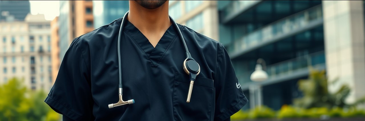 Professional medspa provider in Manhattan, black scrubs, urban background