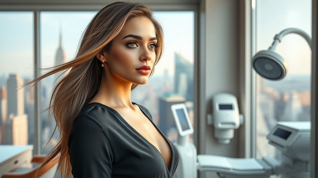 Confident woman in luxury NYC clinic, plastic surgery nyc, with city skyline view