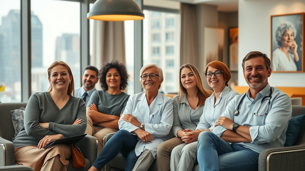 Patients await expert plastic surgery NYC in luxury clinic with skyline backdrop