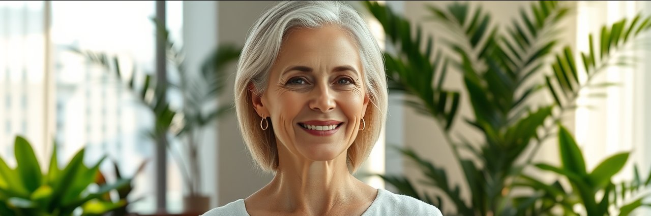 Radiant middle-aged woman after facial rejuvenation in NYC luxury spa