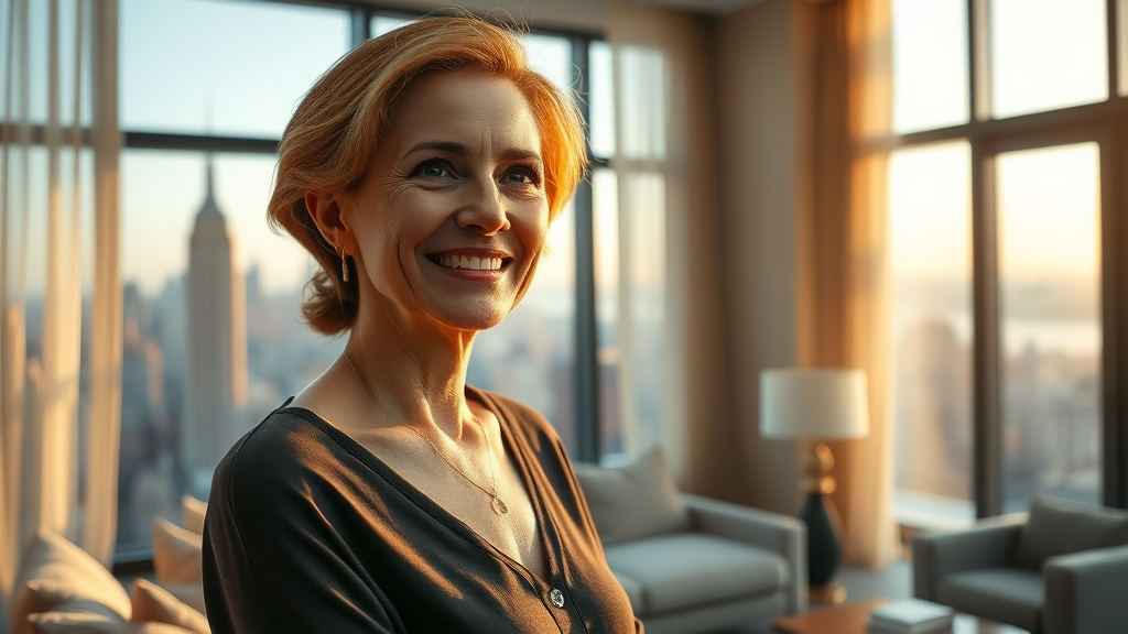 Radiant woman with rejuvenated skin overlooking NYC for facial rejuvenation NYC breakthroughs.