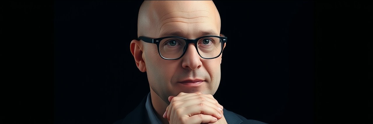 Thoughtful man after facial plastic surgery with glasses in studio portrait