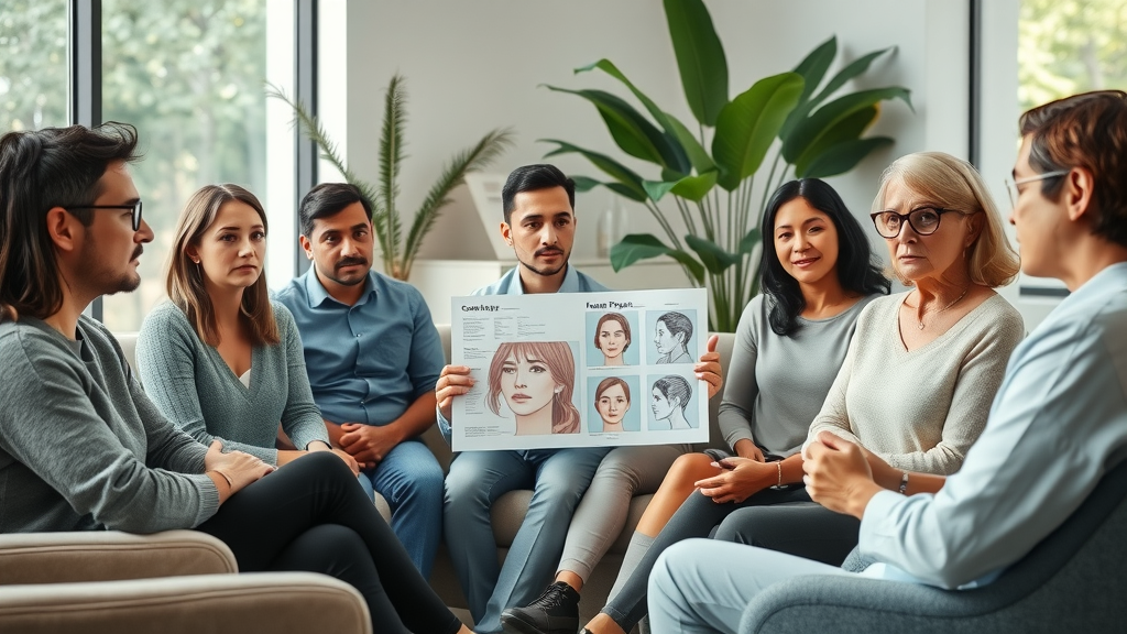 Facial plastic surgery consultation eases group fears in peaceful clinic lounge