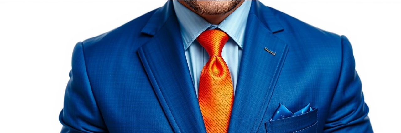 Professional cropped portrait in blue suit and orange tie for buccal fat removal