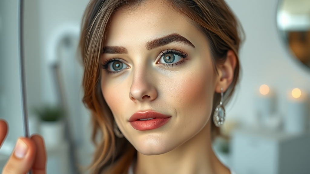 Woman evaluating cheek contours in a bright consultation room after buccal fat removal