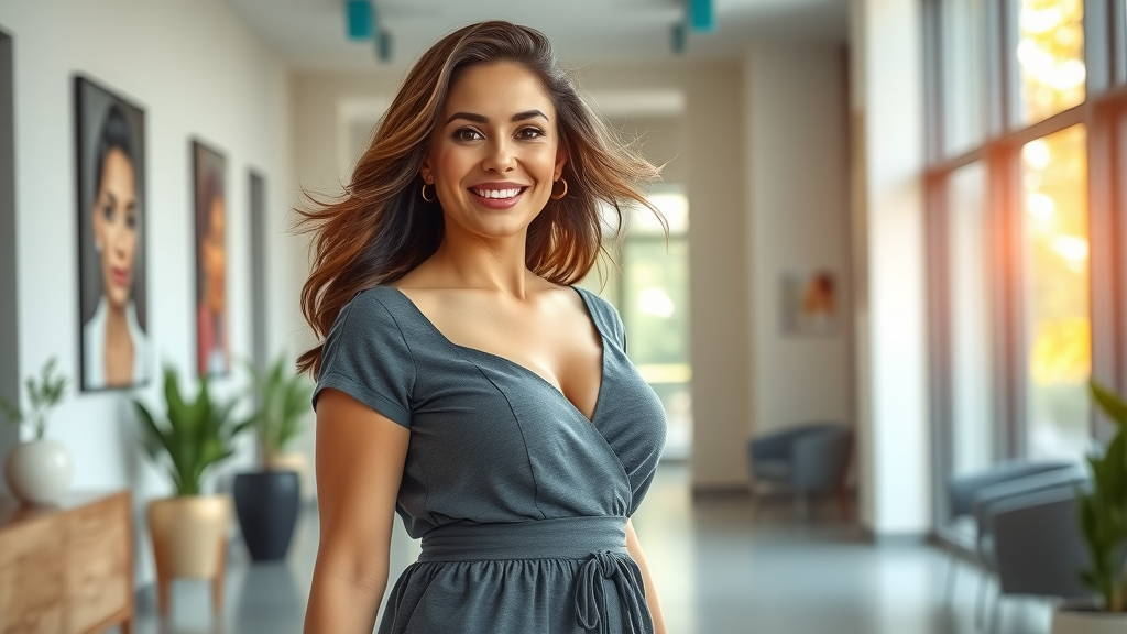 Confident woman shows Brazilian butt lift results in bright, modern clinic