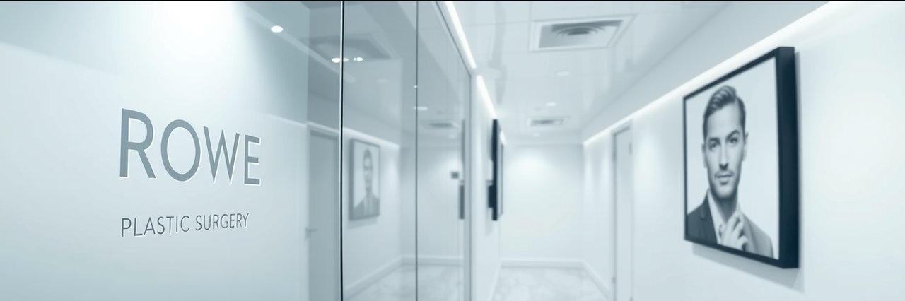 Modern cosmetic breast procedures clinic interior with frosted glass logo.
