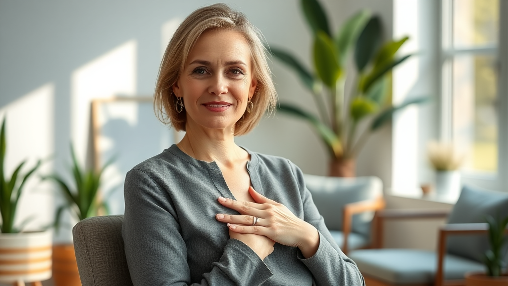 Confident woman in consultation setting for cosmetic breast procedures