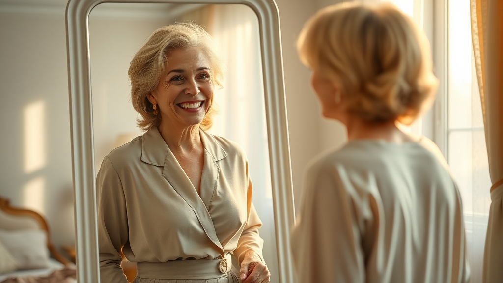 Woman admiring post-procedure results of cosmetic breast procedures