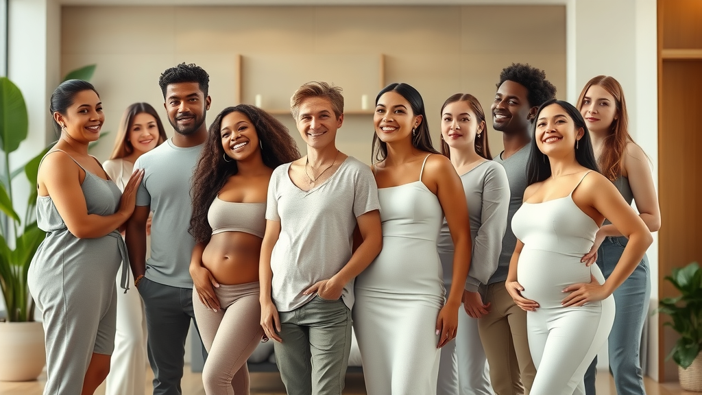 Happy diverse group after body contouring treatments in a modern spa setting