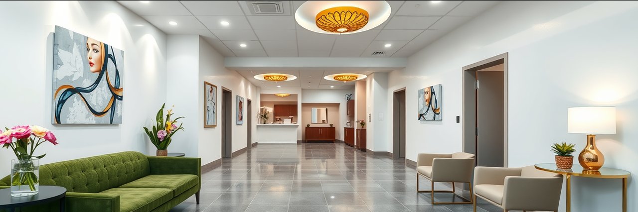 Modern plastic surgery clinic waiting room for tummy tuck surgery consultations