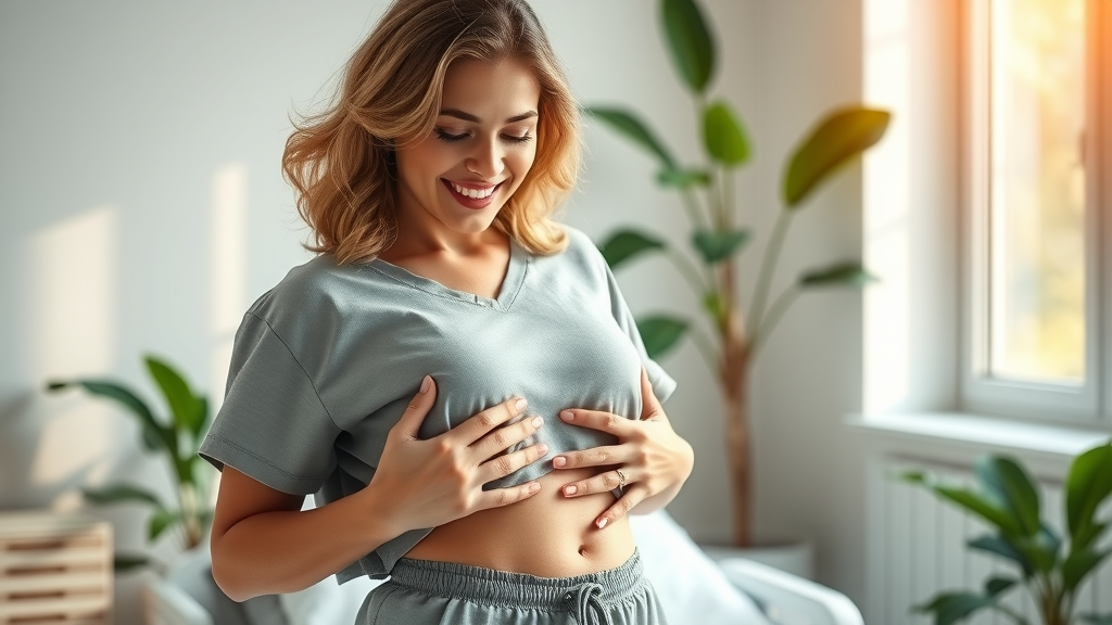 Confident woman after tummy tuck surgery in bright recovery room