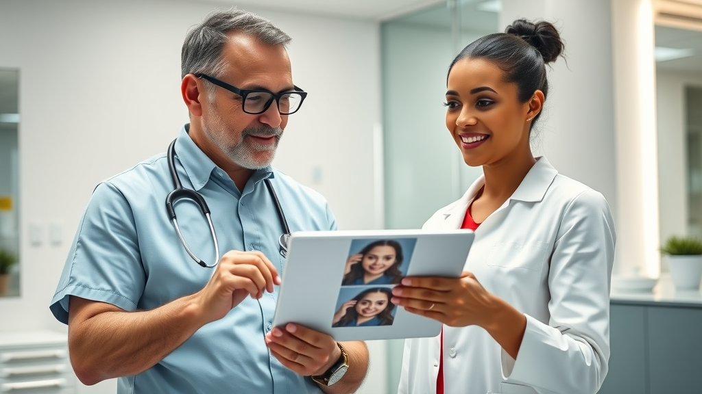 Surgeon and patient discuss tummy tuck surgery results in clinic