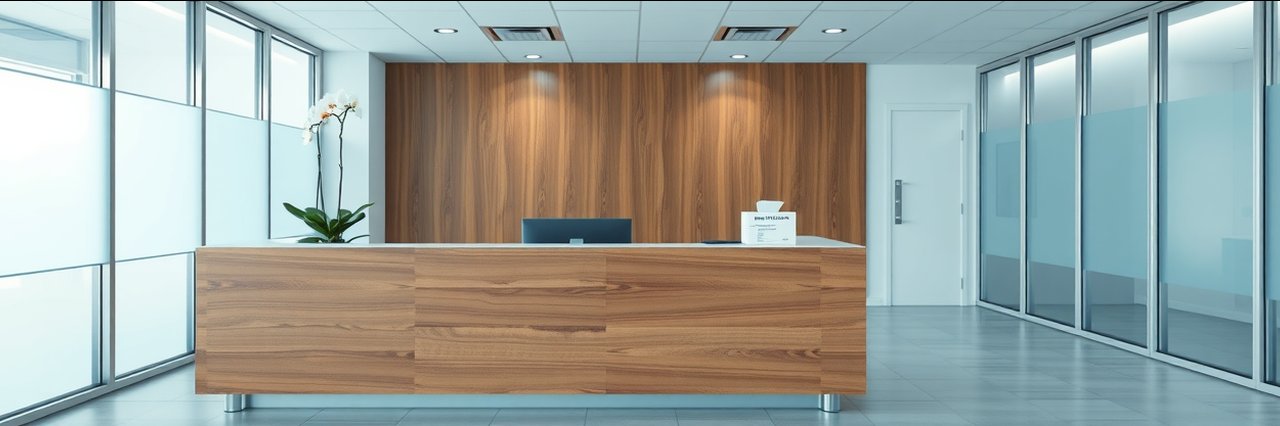 Modern medical clinic lobby with reception desk for facial rejuvenation procedures.