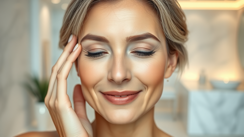 Youthful woman after facial rejuvenation procedures, glowing skin, serene spa.