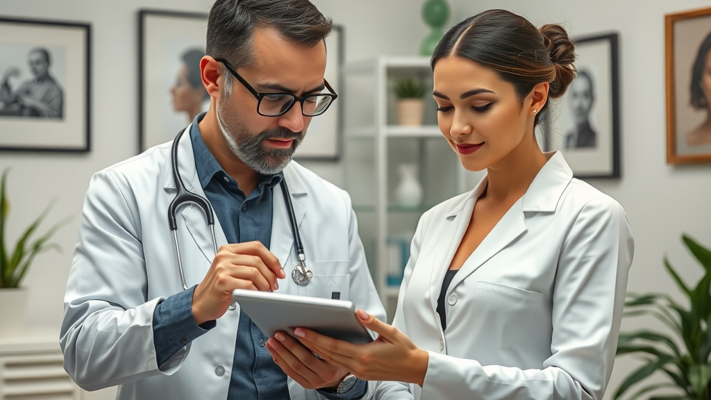 Cosmetic surgeon and patient review facial rejuvenation procedures consultation.