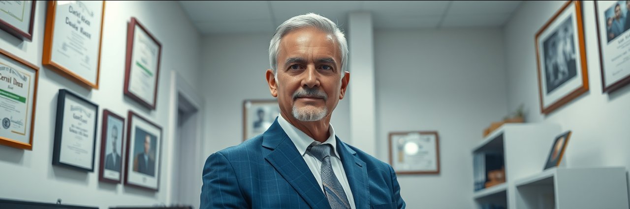 Confident doctor in medical office with diplomas, related to breast augmentation.