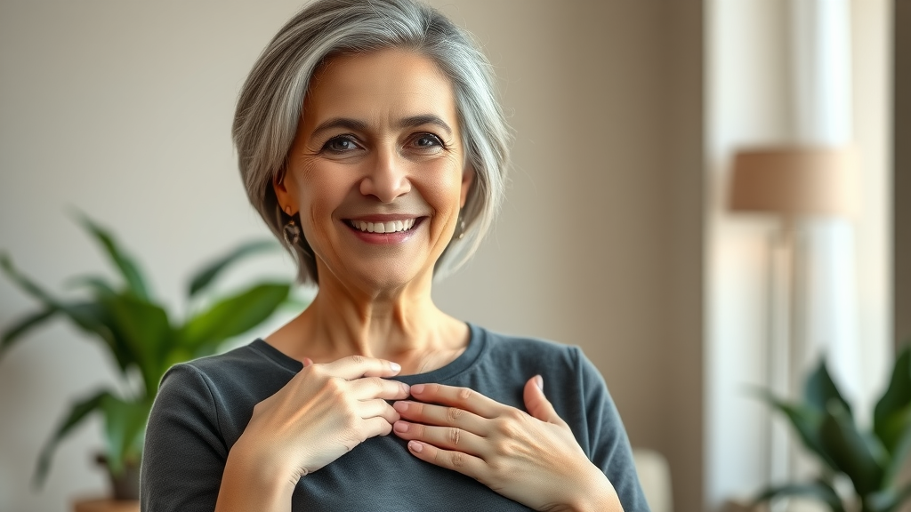 Confident woman in modern clinic portrays stress-free breast augmentation consultation