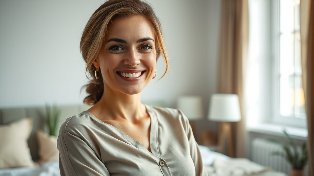 Serene woman at home after breast augmentation, natural results and confidence