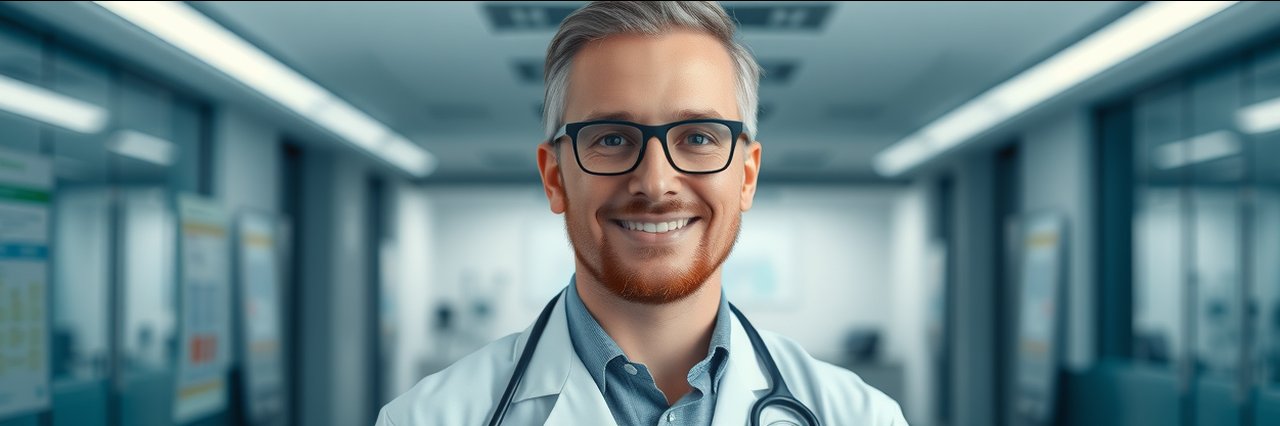 Portrait of top doctor for breast reduction surgery in a clinic, Castle Connolly badge.