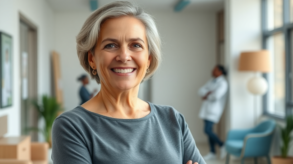 Confident woman after breast reduction surgery standing in bright clinic