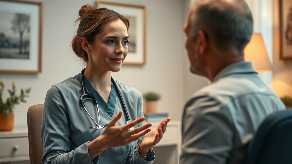 Expert plastic surgeon explains breast reduction surgery benefits to patient