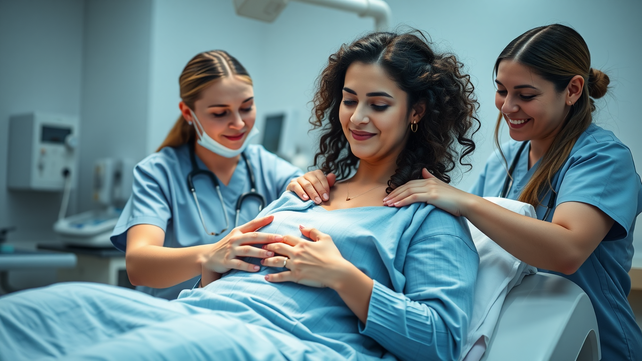 Caring staff assist patient during post-breast reduction surgery recovery