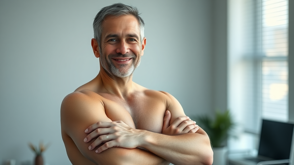 Confident man after male breast reduction in clinic setting