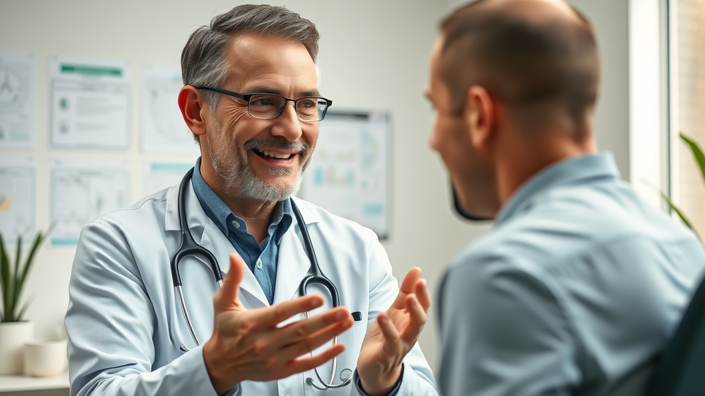 Plastic surgeon consulting male patient about breast reduction options