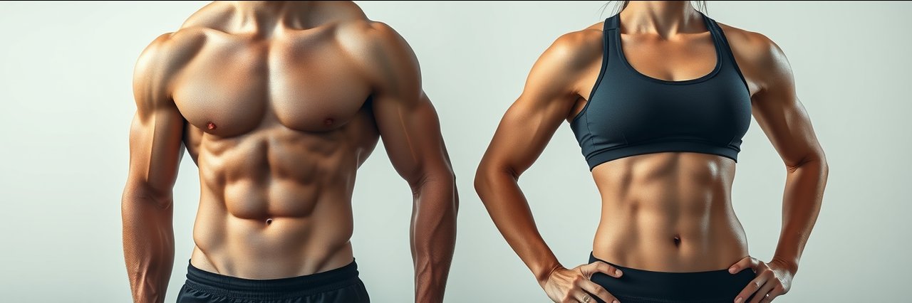 Body contouring procedures shown on athletic male and female torsos with toned abs.