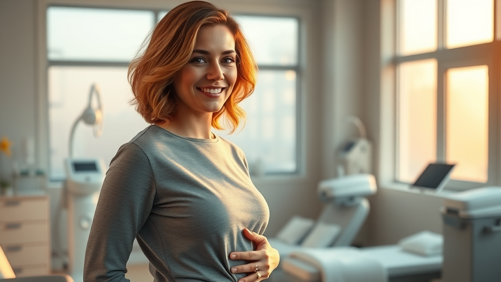 Confident woman after body contouring procedures in a modern spa setting