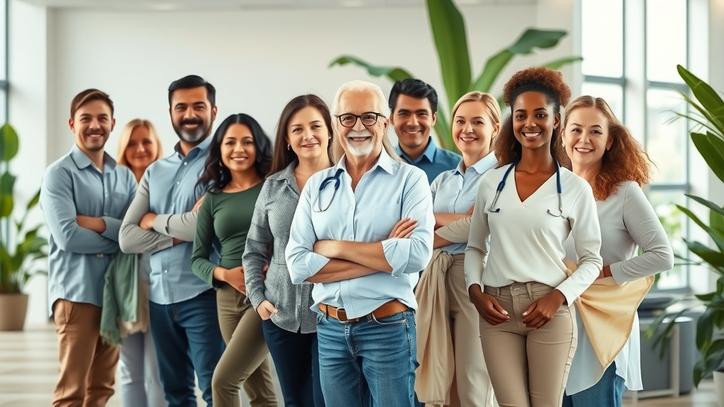 Group showing results of body contouring procedures in a bright clinic lobby