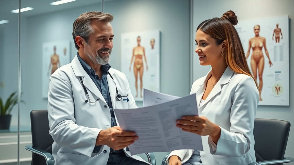 Plastic surgeon consults on body contouring procedures in modern office