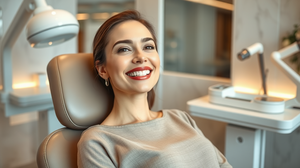 Confident woman in modern clinic receiving non surgical treatments.